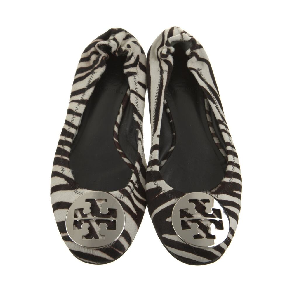 Tory Burch Logo Animal Print Zebra White Black Ponyhair Ballet Flats Shoes Sz 6